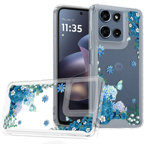 Designer Series Tough Shield Transparent Hybrid Case for Motorola Moto G Stylus 2026 / 2025 - Blue Floral Cascade with Sparkles