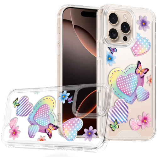Designer Series Tough Shield Transparent Hybrid Case for iPhone 16 Pro Max - Pastel Hearts with Butterflies