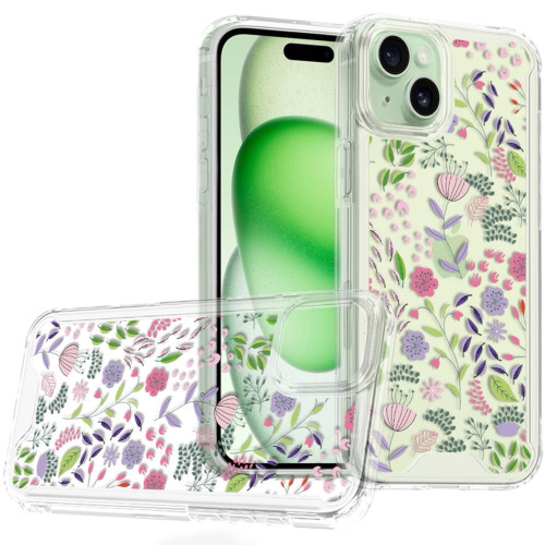 Designer Series Tough Shield Transparent Hybrid Case for iPhone 15 - Purple and Green Wildflowers