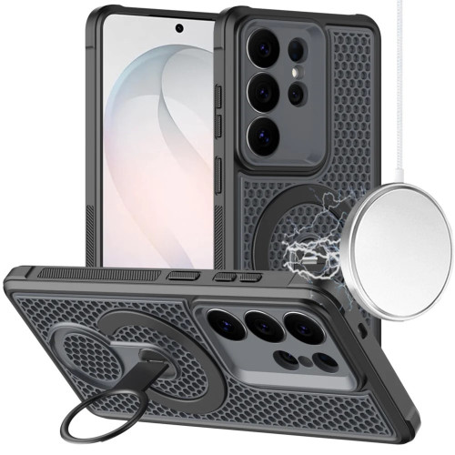 Honeycomb Series Heat Dissipation Magnetic Cooling Case with Rotating Ring Holder Kickstand for Samsung Galaxy S25 Ultra - Black