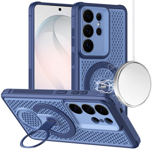 Honeycomb Series Heat Dissipation Magnetic Cooling Case with Rotating Ring Holder Kickstand for Samsung Galaxy S25 Ultra - Blue