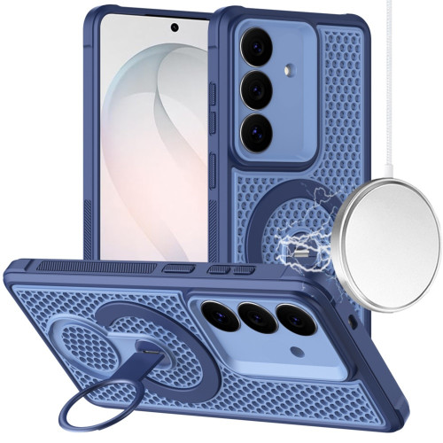 Honeycomb Series Heat Dissipation Magnetic Cooling Case with Rotating Ring Holder Kickstand for Samsung Galaxy S26 FE - Blue