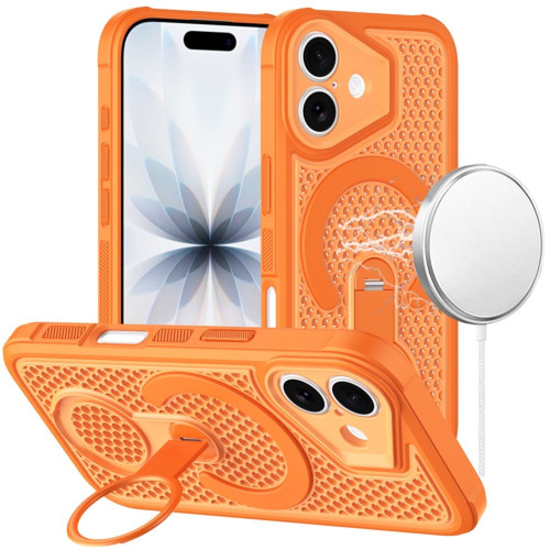 Honeycomb Series Heat Dissipation MagSafe Cooling Case with Rotating Ring Holder Kickstand for iPhone 17 - Cosmic Orange