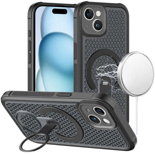 Honeycomb Series Heat Dissipation MagSafe Cooling Case with Rotating Ring Holder Kickstand for iPhone 15 - Black