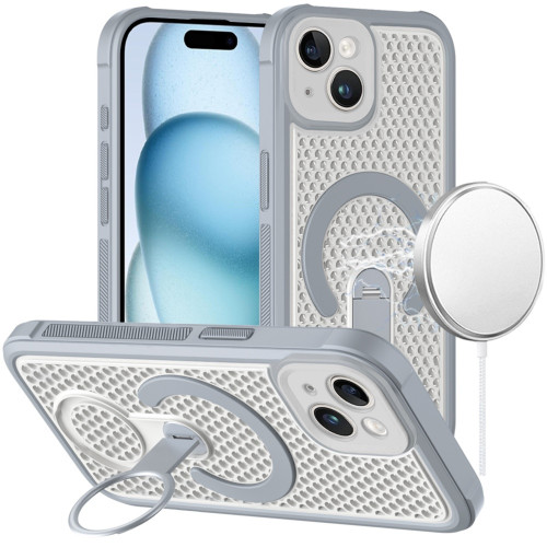 Honeycomb Series Heat Dissipation MagSafe Cooling Case with Rotating Ring Holder Kickstand for iPhone 15 - Grey