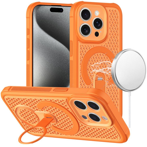 Honeycomb Series Heat Dissipation MagSafe Cooling Case with Rotating Ring Holder Kickstand for iPhone 12 Pro Max - Cosmic Orange