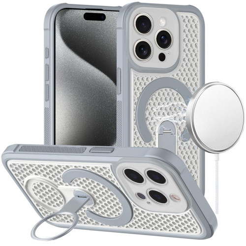 Honeycomb Series Heat Dissipation MagSafe Cooling Case with Rotating Ring Holder Kickstand for iPhone 12 Pro Max - Grey