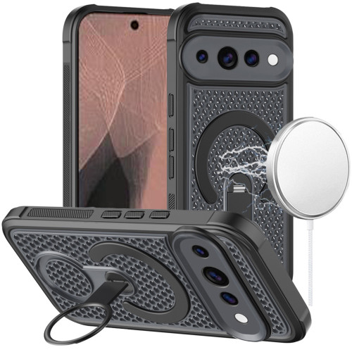 Honeycomb Series Heat Dissipation Magnetic Cooling Case with Rotating Ring Holder Kickstand for Google Pixel 11 Pro XL - Black