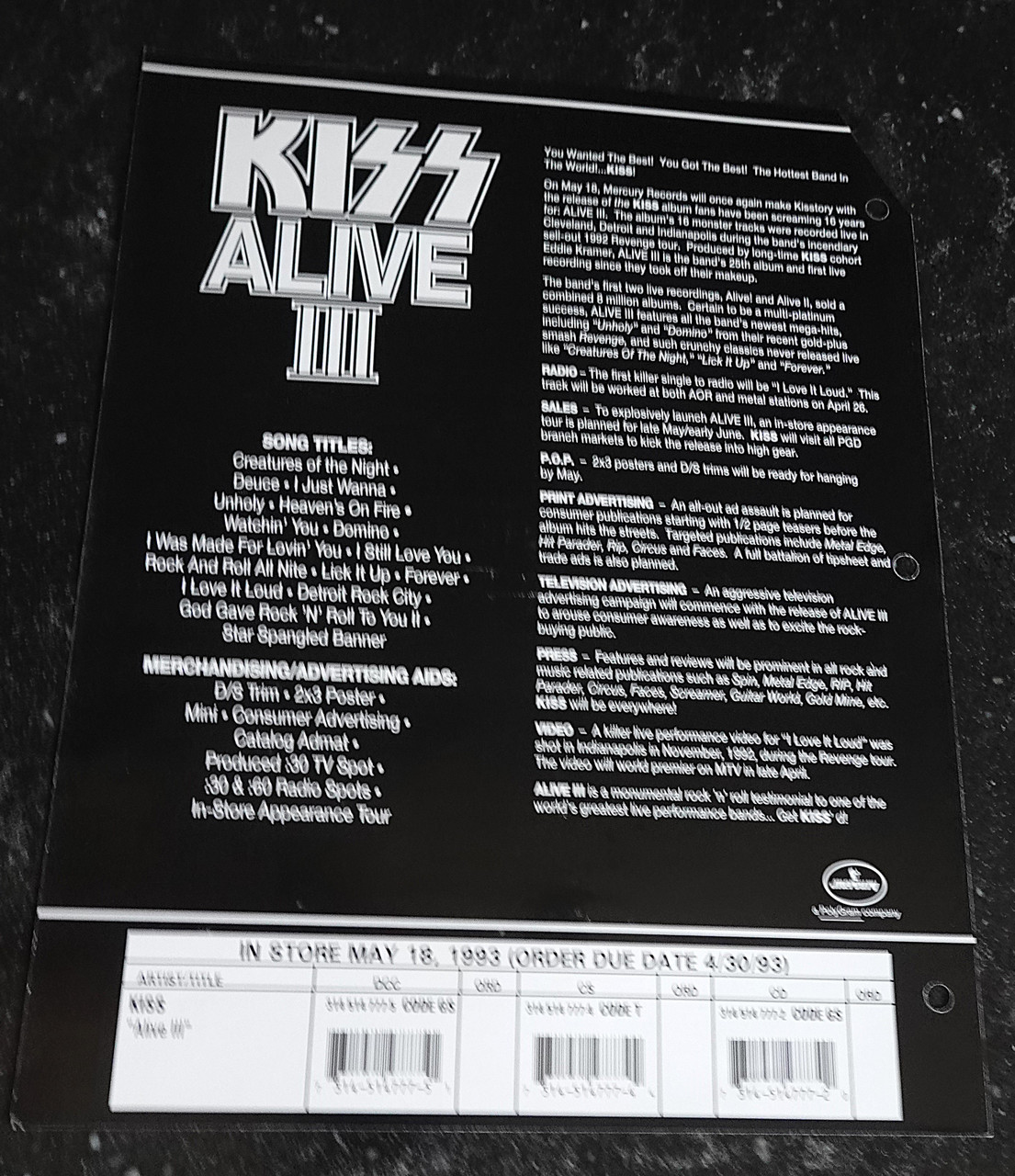 KISS Alive III Store Order Sheet