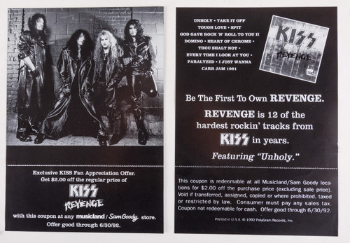 Revenge Fan Appreciation Offer 1992 KISS Flyer Sam Goody Revenge Fan Appreciation Offer 1992 KISS Flyer Sam Goody