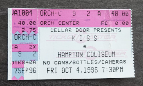 KISS Concert Ticket 1996 Reunion Tour Hampton, VA Hampton Coliseum