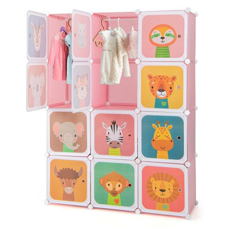12 Cube Kids Wardrobe Closet with Hanging Section and Doors-Pink - Color: Pink D681-JZ10133PI