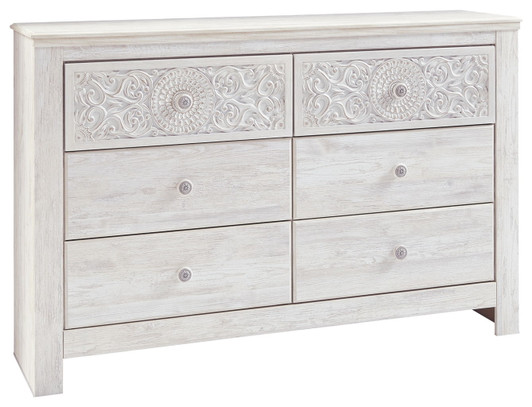 Paxberry - Six Drawer Dresser - Medallion Drawer Pulls - Whitewash