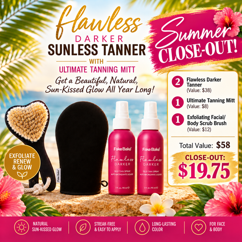 WHILES SUPPLIES LAST! CLOSE-OUT!  (2) Flawless "DARKER" Travel Size with Ultimate Tanning Mitt  & Face/Body Exfoliating Brush - VALUE:  $58 FOR JUST $19.75!
