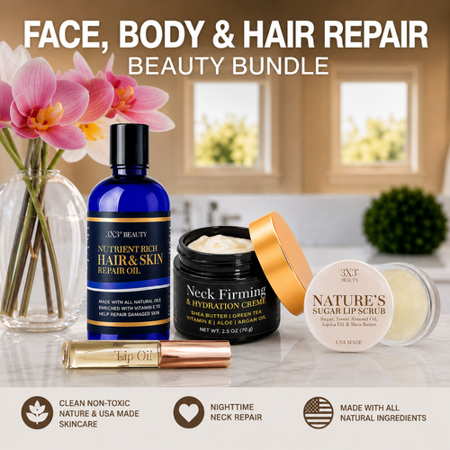 Face, Body & Hair Repair Beauty Bundle includes Nutrient Rich Hair & Skin Repair Oil, Neck Creme, Lip Oil Repair, Lip Scrub & GIFT "Hydra Butter Stick"