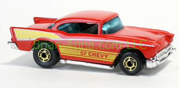 Hot Wheels 57 Chevy, Red Glossy enamel, HOGD wheels, Hong Kong base, loose  (4625)