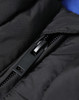 A black insulated puffer vest featuring a zippered opening and a smooth outer texture. It has a logo on the fabric.