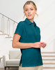 A teal ladies' sustainable jacquard knit short sleeve polo with a collar and side split. It has a logo on it.