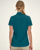 A teal women's polo shirt with a jacquard knit design, featuring a collar and short sleeves.