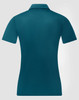A teal women's polo shirt featuring a sustainable jacquard knit with a back view. It has a collar and short sleeves.