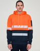 A Hi-Vis two-tone safety hoodie in orange and navy with segmented reflective tapes. Features a logo on the sleeve.