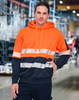 A safety hoodie in hi-vis orange and navy blue with segmented reflective tapes and a front kangaroo pocket.