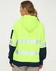 A Hi-Vis two-tone safety hoodie in fluorescent yellow and navy blue, featuring segmented reflective tape.