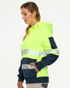 A hi-vis two-tone safety hoodie in fluorescent yellow and navy, featuring segmented reflective tapes and a hood.