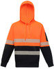 A safety hoodie in high-visibility orange and navy, featuring segmented reflective tapes and a hood.