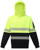 A Hi-Vis two-tone safety hoodie in bright yellow and black, featuring segmented reflective tapes and a hood.