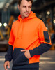 A Hi-Vis two-tone water-resistant fleece hoodie featuring bright orange and navy colours, with a logo on the sleeve.