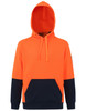A bright orange and navy two-tone water-resistant fleece hoodie featuring a hood and front pocket. Includes a logo.