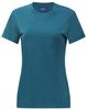 A teal short-sleeved women's premium cotton tee shirt with a round neckline and a logo on the label.