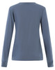 A long-sleeve tee shirt in a muted blue colour, featuring a simple design and a logo on the back.