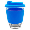 A glass coffee cup with a blue silicone sleeve and lid, featuring a logo. Ideal for reusable drinkware.
