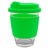 A glass coffee cup with a bright green silicone sleeve and lid, featuring a logo on the side.