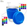 A clear glass coffee cup with a blue silicone band and lid, featuring a logo.