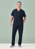 A unisex navy V-neck scrub top paired with matching scrub pants, showcased on a male model against a light background.