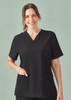 A black women's V-neck scrub top featuring short sleeves and two front pockets, with a logo displayed.