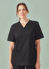 A women's V-neck scrub top in black, featuring short sleeves and two front pockets. The top has a logo.
