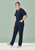 Unisex navy scrub pants with a straight leg design and an elastic waistband, featuring pockets.