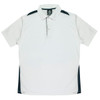 A white polo shirt featuring navy accents and a collar, with a logo located on the upper portion.