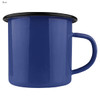 A blue enamel camper mug with a black rim and a sturdy handle, featuring a logo.