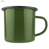 A green enamel camper mug with a black rim and a sturdy handle, featuring a logo design.