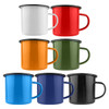 A collection of enamel camper mugs in white, red, green, orange, blue, and black, featuring a simple design and handles.