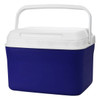 A cooler box with a navy blue body and a white lid, featuring a handle for easy carrying.