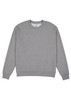 A grey crew sweatshirt with ribbed cuffs and a hem, featuring a simple design and a logo.