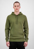 A men's olive green hoodie with a hood, front pocket, and ribbed cuffs. It has a logo on the front.