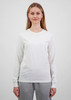A long sleeve white tee for women displayed on a model, featuring a simple design and a fitted silhouette.