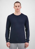 A long sleeve tee in navy blue, displayed on a model against a plain background. The garment has a logo.